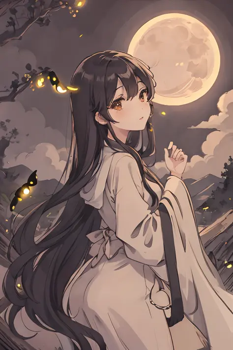 masterpiece, best quality, night, hill, clouds, full moon, long hair, woman, silhouette, fireflies.