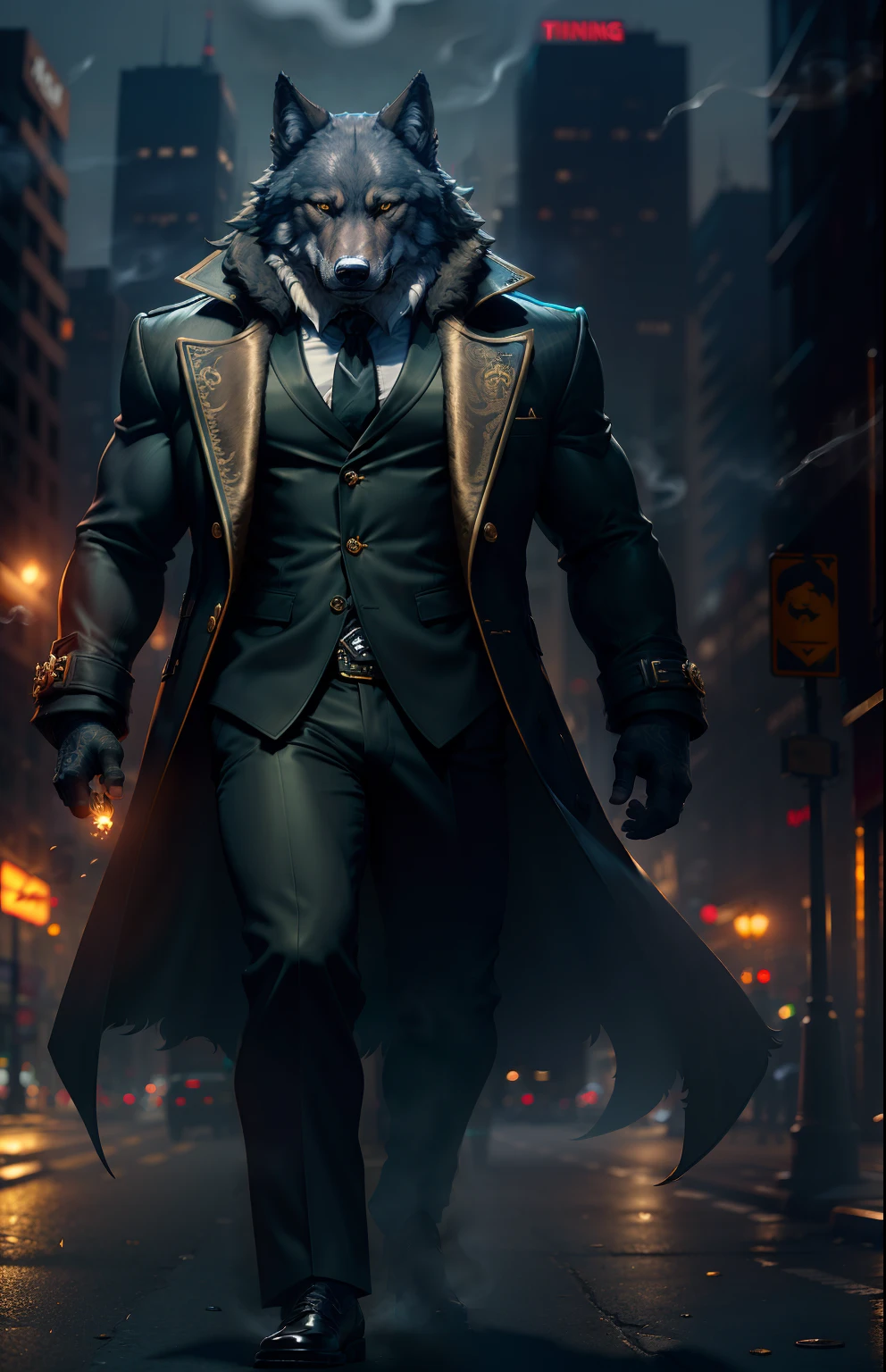 Masterpiece, (Ultra Detailed), (Animal Anthropomorphism), Gangster Theme, Wolf, Handsome, Trench Coat, Dim Lights, Smoke, Shadow, Corrupt Cityscape, Highest Quality, Single Focus, (skimming: 1.1), Muscle Man, Full Body, Intricate (High Detail: 1.1) Unreal Engine.