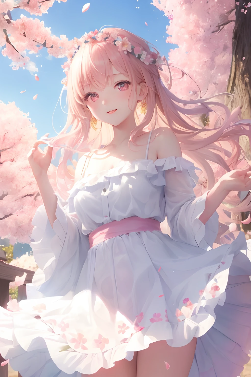 art by Cornflower, dreamy
cherry_blossoms, falling_petals, petals, branch, pink_flower, 1girl,20-year-old, blue_sky, spring_\(season\), petals_on_liquid, flower, hanami, dress, (Long blond curly hair：1.5),Wearing a wreath,sky, outdoors, cloud, bangs, smile, pink_eyes, White skirt with cherry blossom embellishments, bare_shoulders, earrings, holding_flower, wind, tree, looking_at_viewer,cowboy shot,
