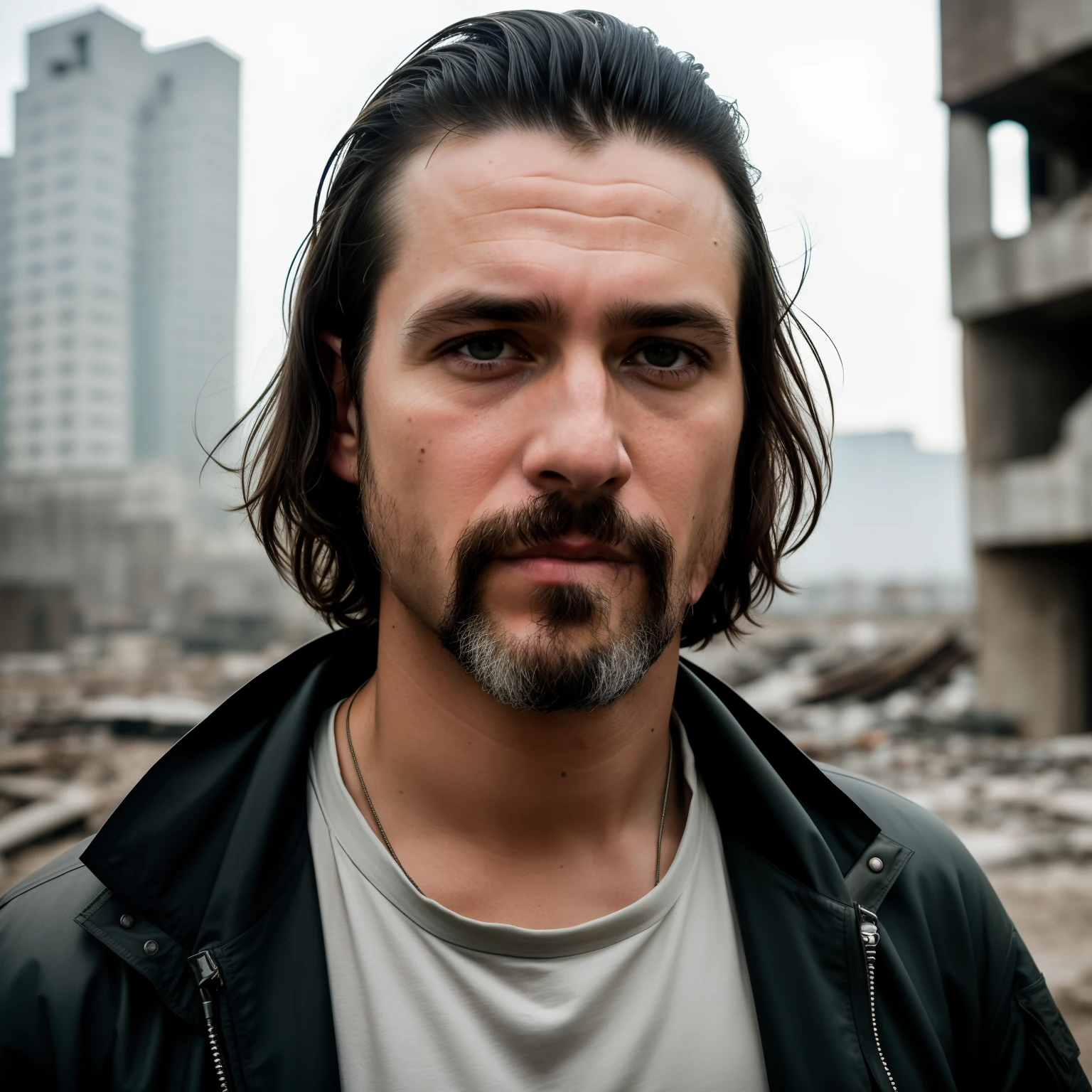 RAW photo, a close up portrait photo of brutal 45 y.o man in wastelander clothes, long haircut, pale skin, slim body, background is city ruins, (high detailed skin:1.2), 8k uhd, dslr, soft lighting, high quality, film grain, Fujifilm XT3