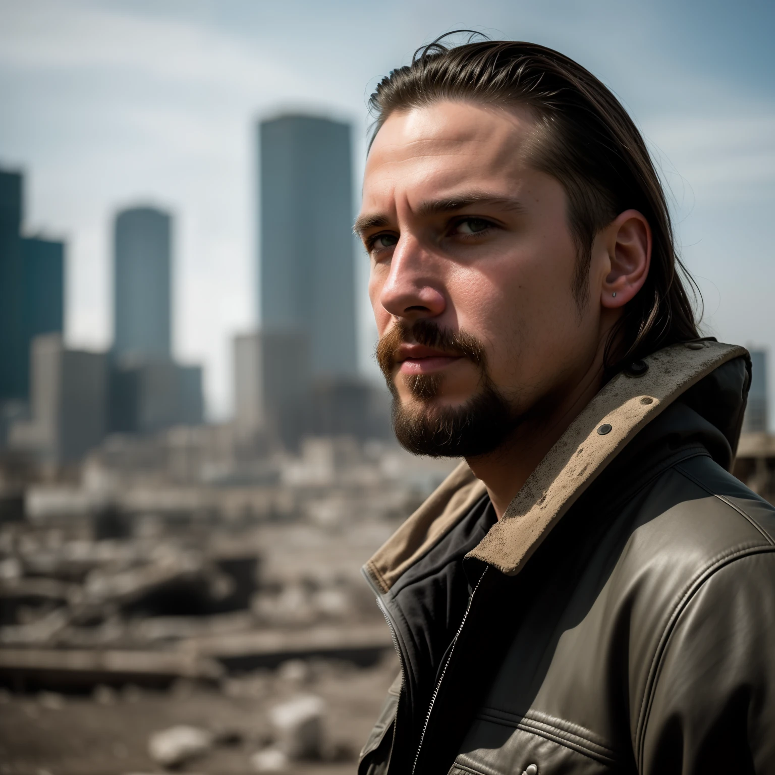 RAW photo, a close up portrait photo of brutal 45 y.o man in wastelander clothes, long haircut, pale skin, slim body, background is city ruins, (high detailed skin:1.2), 8k uhd, dslr, soft lighting, high quality, film grain, Fujifilm XT3