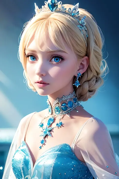 best quality, masterpiece, pixar, frozen, 1girl, intricate ice princess dress, detailed crown, beautiful face, detailed face, blue eyes, blonde hair, sharp look, necklace, earrings, symmetrical, front, dramatic, vibrant, sharp focus,disney
