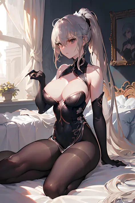 (((2 girls))),ray tracing, (dim light), [realistic] ((detailedbackground(bedroom))),(((silver hair)), (((A long disheveled silver-haired, busty yet slender girls with a high ponytail))) are  in the ominous bedroom, averting their blonde eyes, ((and the gir...