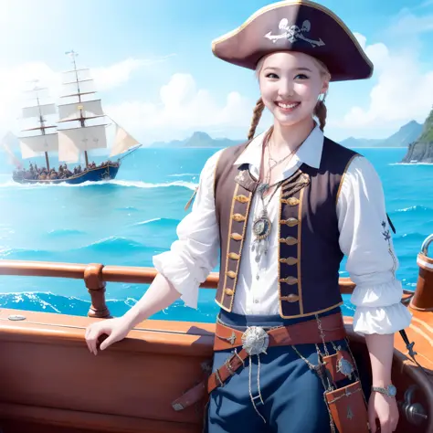 Nayeonnine wearing a pirate outfit on a boat in the open sea, beautiful background, high detail face, smiling, beautiful face, h...