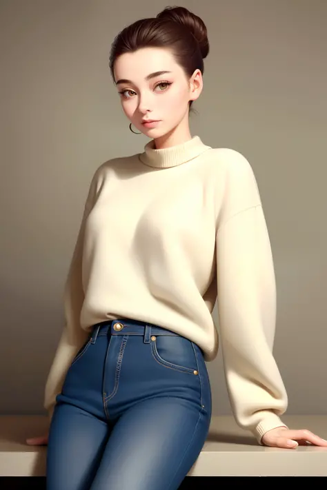 best quality, masterpiece,  analog style, 1girl, solo, 18 years old, Maiden style, (looks like audreyHepburn), (sweet smile:0.8), (freckles:0.7), sweater, jeans, looking up, upper body
