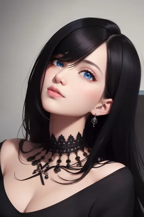 best quality, masterpiece,Black hair, blue eyes, looking up, upper body