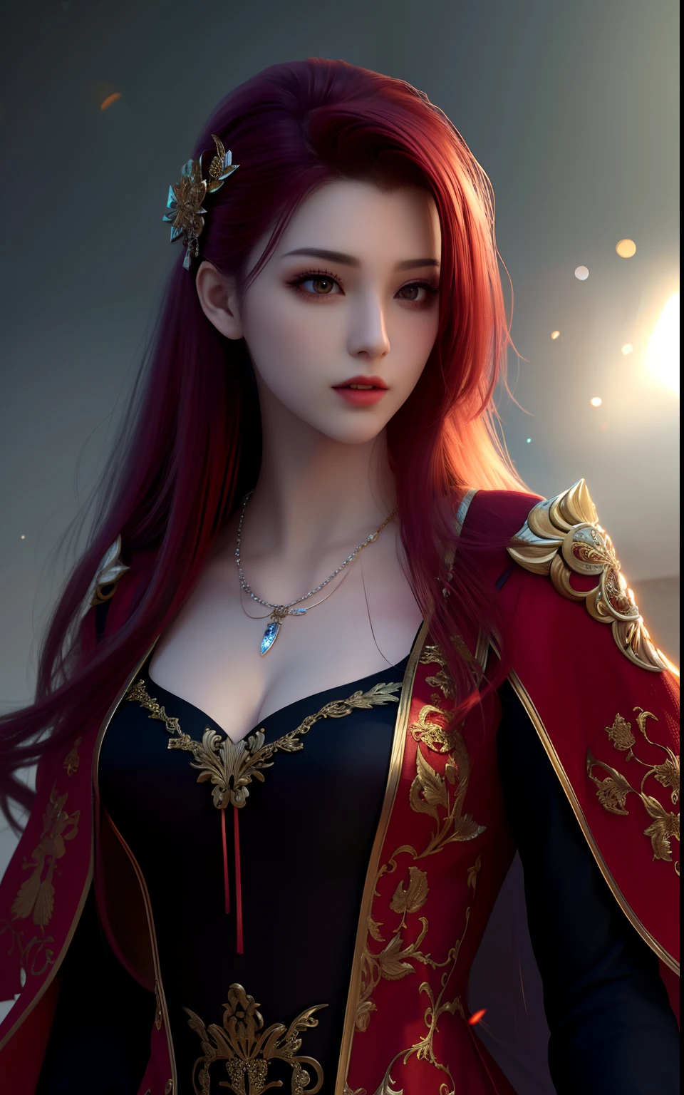 vampire, best quality, masterpiece, highres, 1girl,china dress,red hair, hair ornament,necklace, jewelry,Beautiful face,upon_body, tyndall effect,photorealistic, dark studio, rim lighting, two tone lighting,(high detailed skin:1.2), 8k uhd, dslr, soft lighting, high quality, volumetric lighting, candid, Photograph, high resolution, 4k, 8k, Bokeh