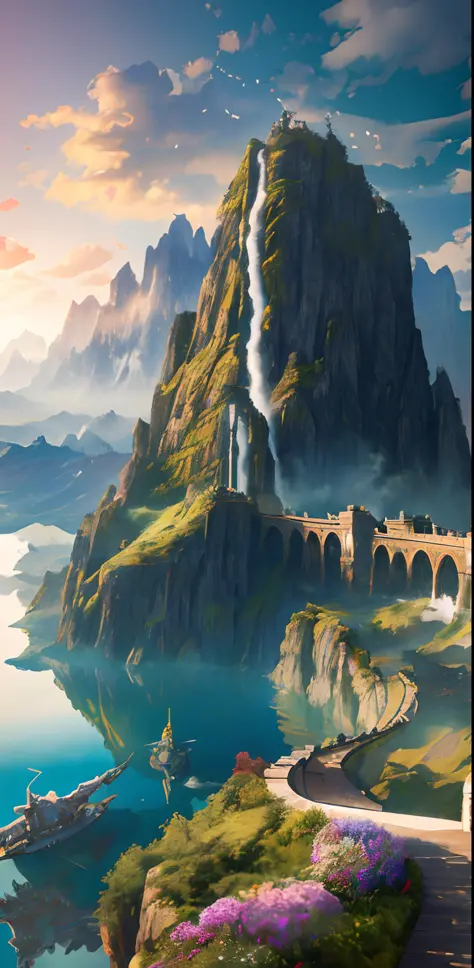 masterpiece, best quality, high quality, extremely detailed CG unity 8k wallpaper, scenery, outdoors, sky, cloud, day, no humans, mountain, landscape, water, tree, blue sky, waterfall, cliff, nature, lake, river, cloudy sky,award winning photography, Bokeh...