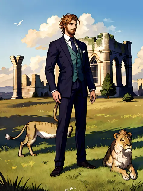 A magnificent man with a lot of the lion, very handsome posture, standing on the ruins of the castle, the distance of the regene...