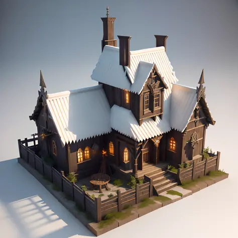Medieval architecture in SLG strategy architecture game, Viking style barracks with realistic magic art style, gorgeous Viking totem decoration and distinctive features, 3D model HD rendering, architectural rendering, orthographic isometric view, 45 degree Angle from above, (white background), high detail, film, global lighting, realistic lighting, Unreal engine rendering, Substance 3D, octane Rendering, (hdr:1.3)