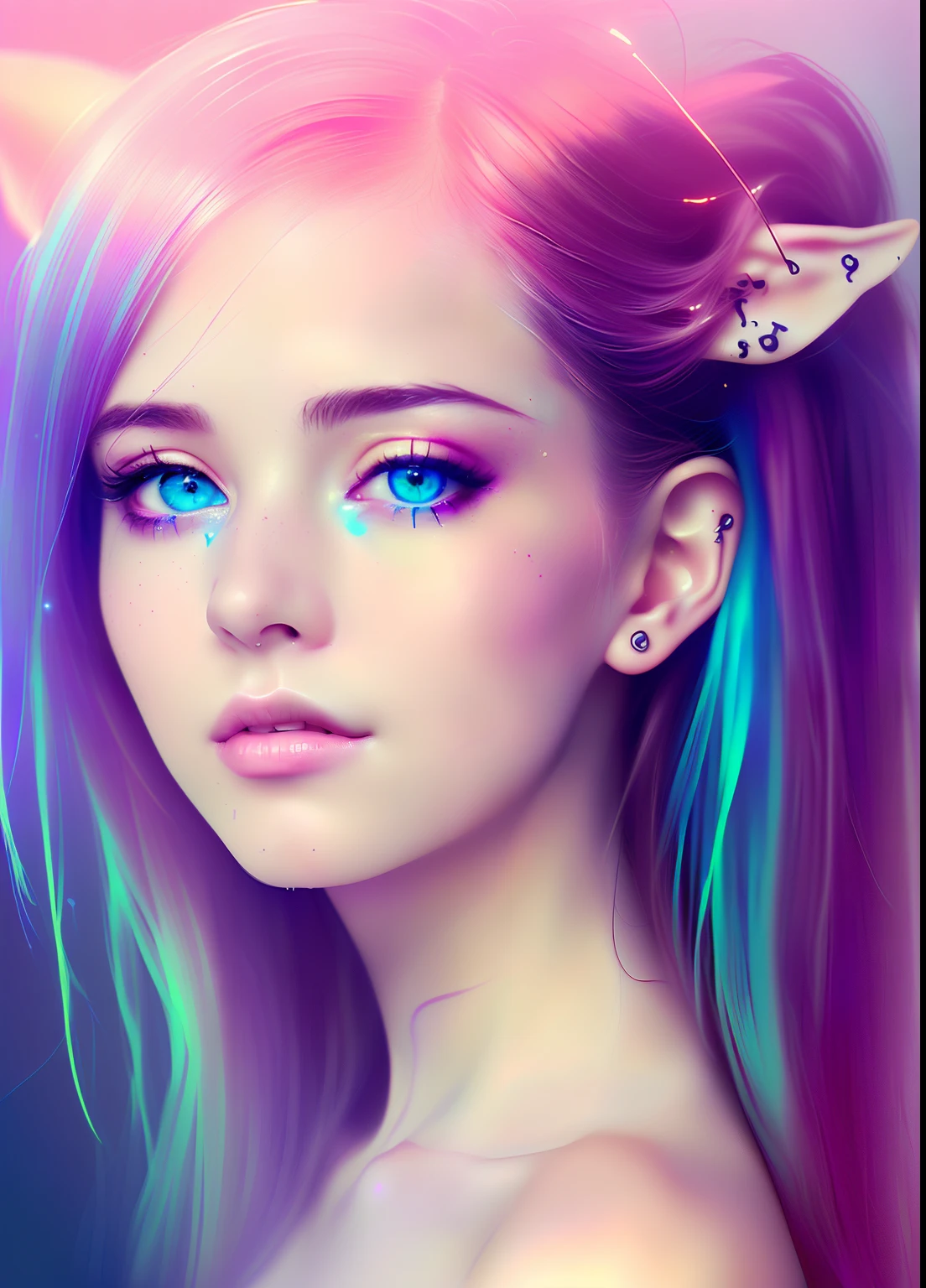 photo, style synthwave a elf woman by agnes cecile, luminous design, pastel colours, ink drips, autumn lights,perfect ears,blue eyes