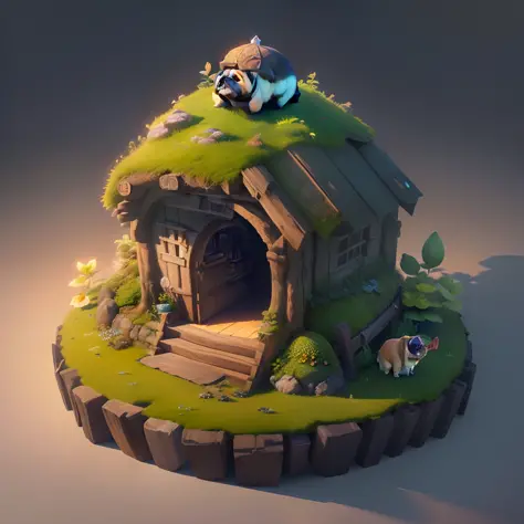 a cute pug, masterpiece, best quality, (extremely detailed CG unity 8k wallpaper), (best quality), (best illustration), (best shadow), A round turnip hut covered with moss， isometric 3D, octane render,ray tracing,ultra detailed