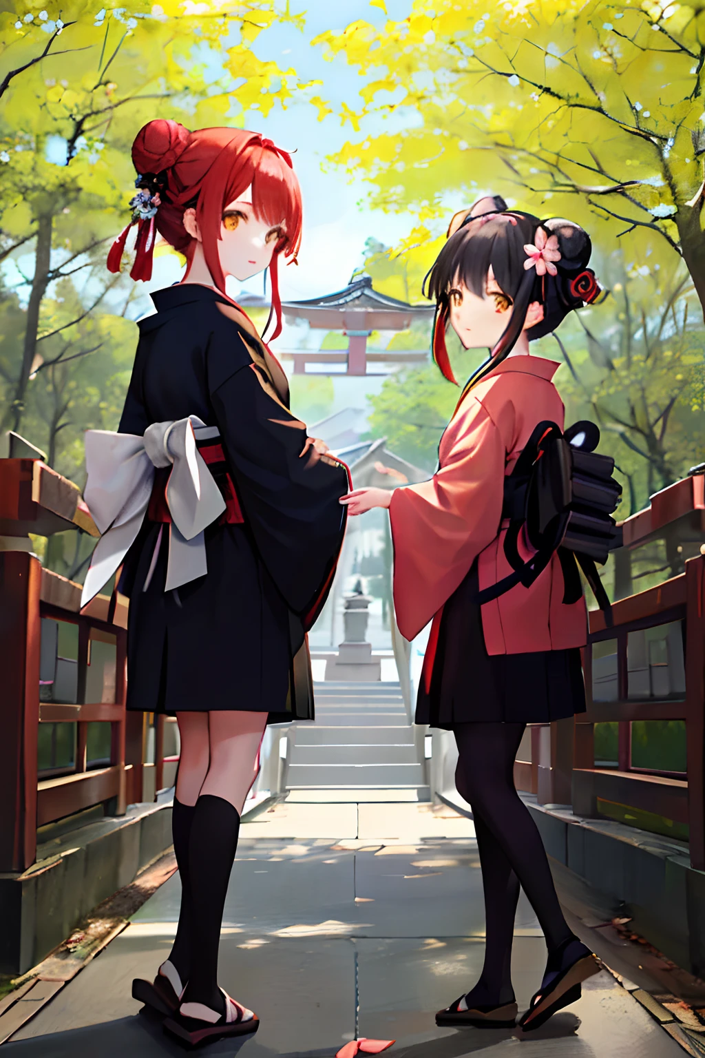 ((masterpiece,best quality)),2girls, black kimono, black legwear, black ribbon, black hair, cherry blossoms, day, flower, hair bun, hair ribbon, japanese clothes, kimono, long hair, looking at viewer, looking back, multiple girls, obi, outdoors, red eyes, red hair, ribbon, sandals, single hair bun, stairs, standing, statue, torii, tree, white kimono, yellow eyes