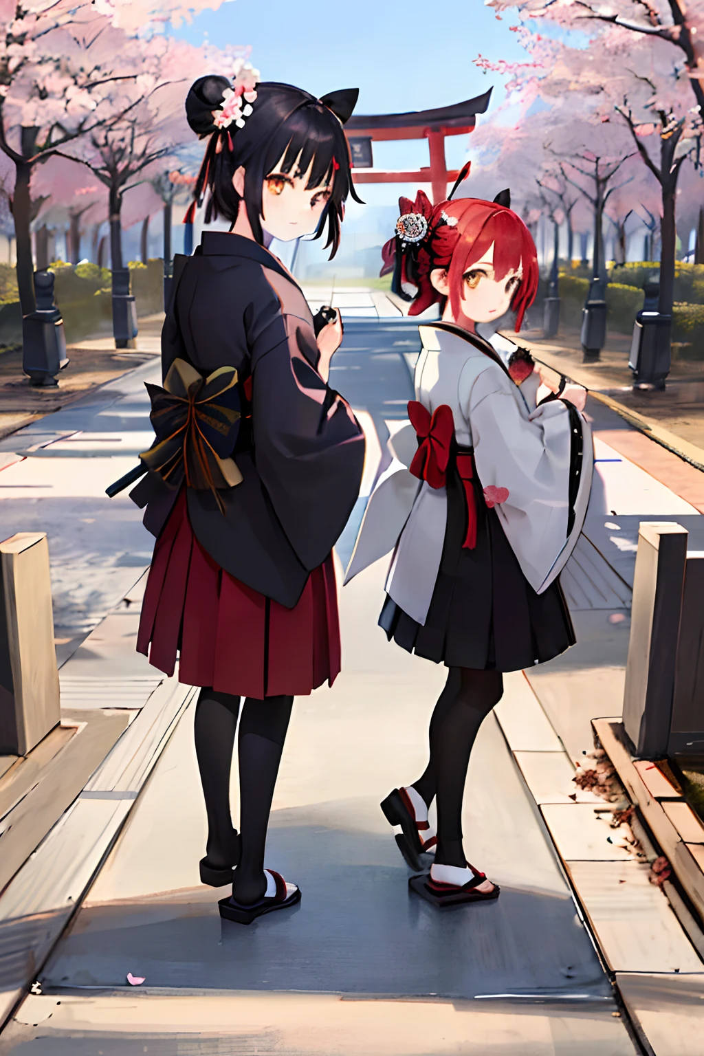 ((masterpiece,best quality)),2girls, black kimono, black legwear, black ribbon, black hair, cherry blossoms, day, flower, hair bun, hair ribbon, japanese clothes, kimono, long hair, looking at viewer, looking back, multiple girls, obi, outdoors, red eyes, red hair, ribbon, sandals, single hair bun, stairs, standing, statue, torii, tree, white kimono, yellow eyes