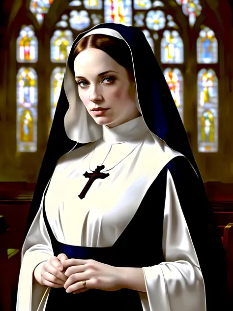 portrait of christina hendricks as sexy nun, bible, church, catholic, christian, intricate, headshot, highly detailed, digital p...