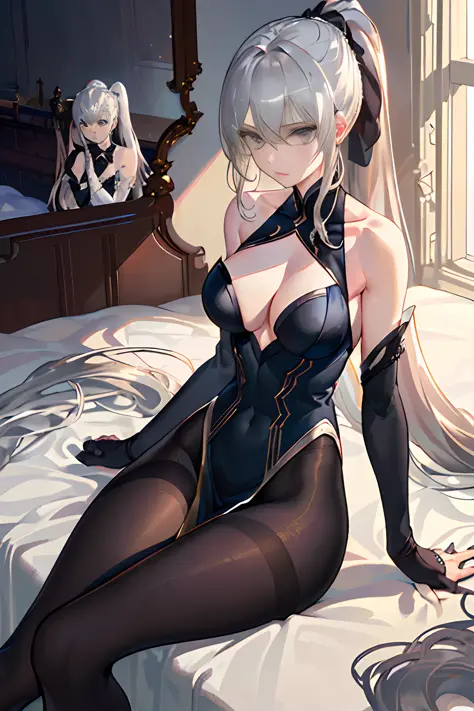 (((1 girl))),ray tracing, (dim light), [realistic] ((detailedbackground(bedroom))),(((silver hair)), (((A long disheveled silver-haired, busty yet slender girls with a high ponytail))) are  in the ominous bedroom, averting their blonde eyes, ((and the girl...