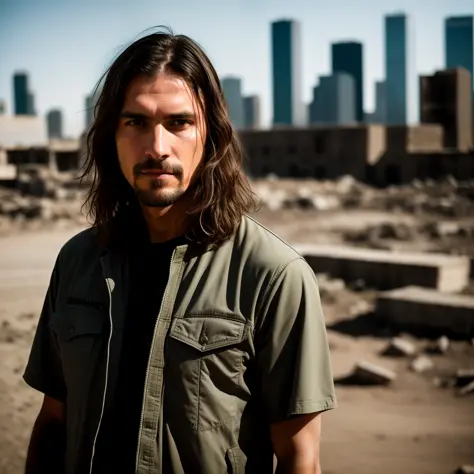 RAW photo, a close up portrait photo of brutal 45 y.o man in wastelander clothes, long haircut, pale skin, slim body, background is city ruins, (high detailed skin:1.2), 8k uhd, dslr, soft lighting, high quality, film grain, Fujifilm XT3