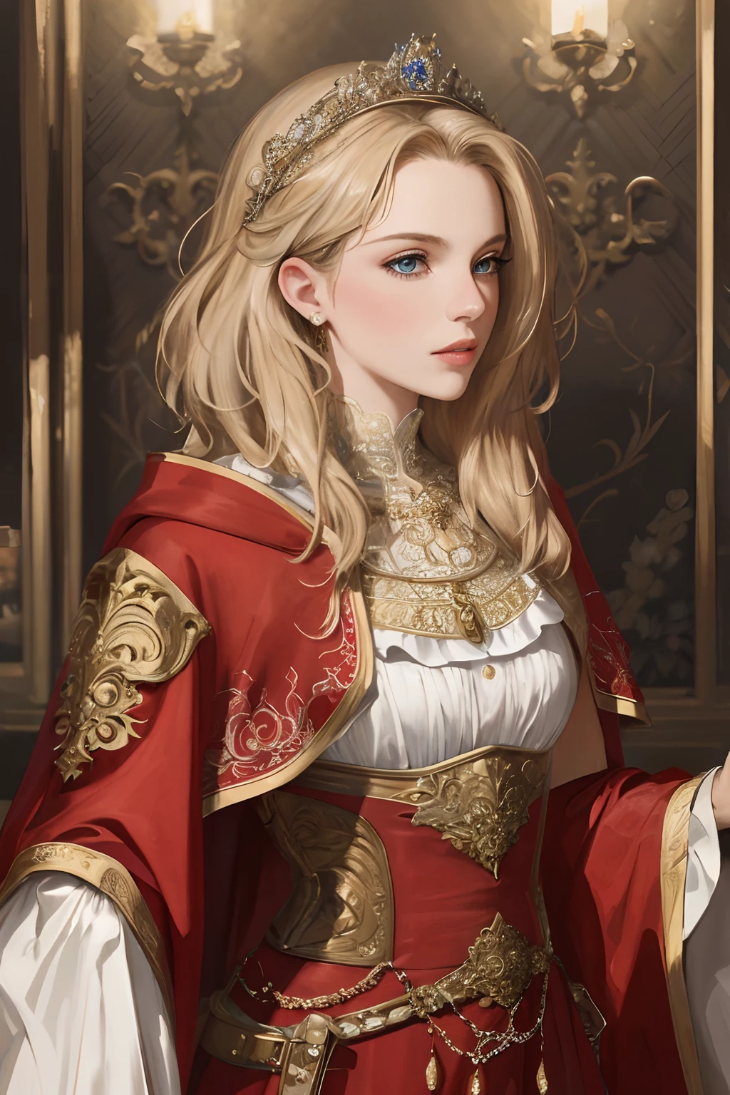 (masterpiece:1.2, best quality), realistic, (real picture, intricate details, depth of field), Best quality, masterpiece, highly detailed, semi realistic, 1 girl, mature female, 21 years old, with short golden hair, left eye covered by hair, blue eyes, king's clothing, red cloak, slim figure
