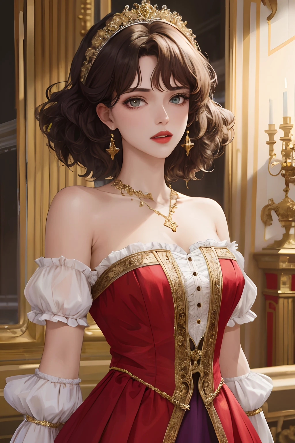 8k, best quality, masterpiece, highly detailed, semi realistic, a girl, young woman, 20 years old, dark brown short hair, curly hair, banks, dark purple eyes, red lips, gorgeous Rococo style court dress, strapless skirt, cross tie vest, bare shoulders, arm puffy sleeves, gold gem necklace, slim figure, silver crown, cold expression
