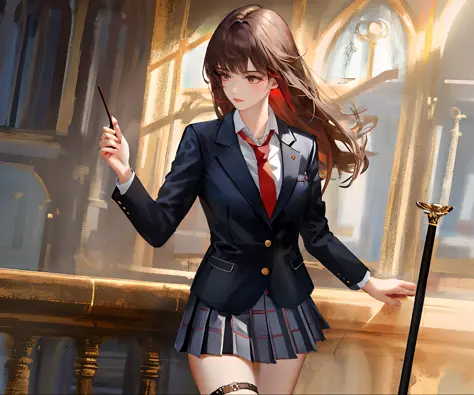 (masterpiece: 1.2, best quality), bangs, 1 girl, solo, white collar shirt, red tie, dark brown western school uniform jacket, da...