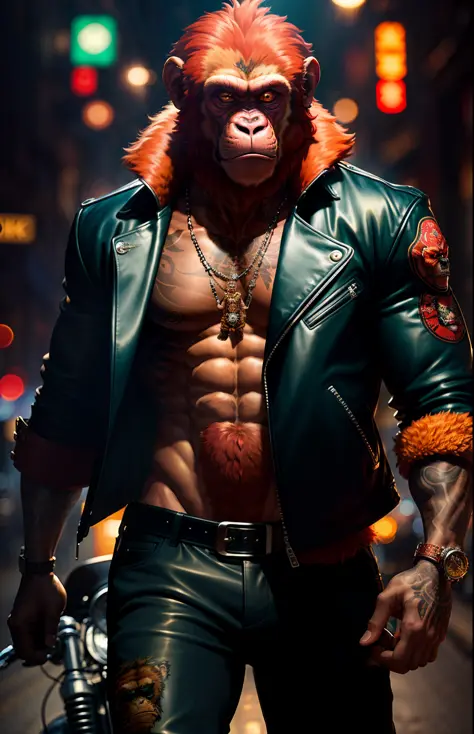 Masterpiece, (ultradetailed), (Animal anthropomorphism), gangster theme, monkey, jacket,red hair. riding a motorcycle in dim lighting, tattoos, machine gun, smoke, shadows, corrupt cityscape, highest quality, solo focus, (skimpy:1.04), muscular man, full b...