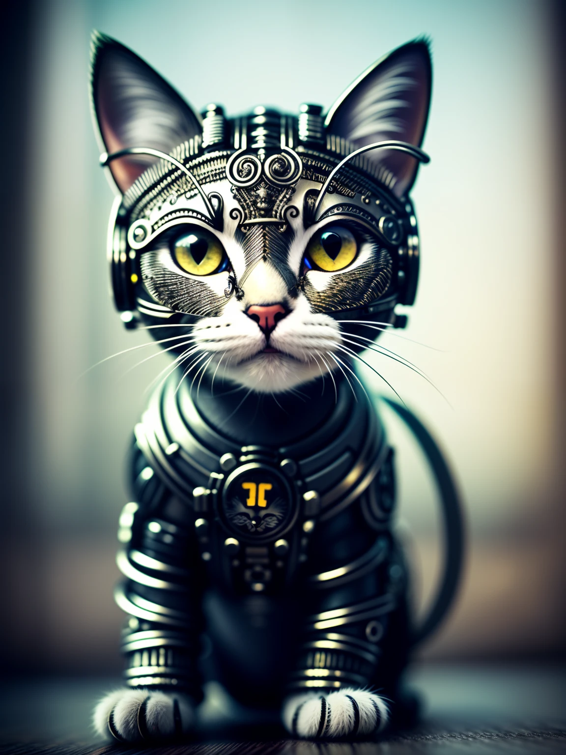 милый котенок из металла, (киборг:1.1), ([хвост | deхвостed wire]:1.3), (intricate deхвостs), HDR, (intricate deхвостs, hyperdeхвостed:1.2), кинематографический кадр, виньетка, центрированный