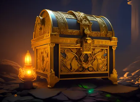 1 treasure chest is featured in this banner,The treasure chest is made of gold and adorned that glow and sparkle in the mystical neon lighting,The treasure chest is shown in the process of opening, revealing piles of glittering jewels and gold coins inside...