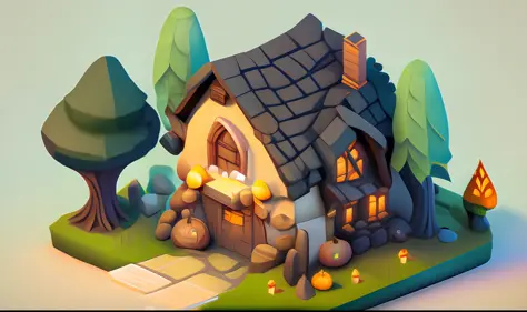 Isometric House, cartoon, Primitive Man, Magic House, broom, Jack-o-Lanterns, vines, thorns, wood, stone, game asset style, ((Low polygon)), isometric, white background, flat, 3D rendering, oc rendering, best quality, 4k, roof covered with tiles, hand pain...