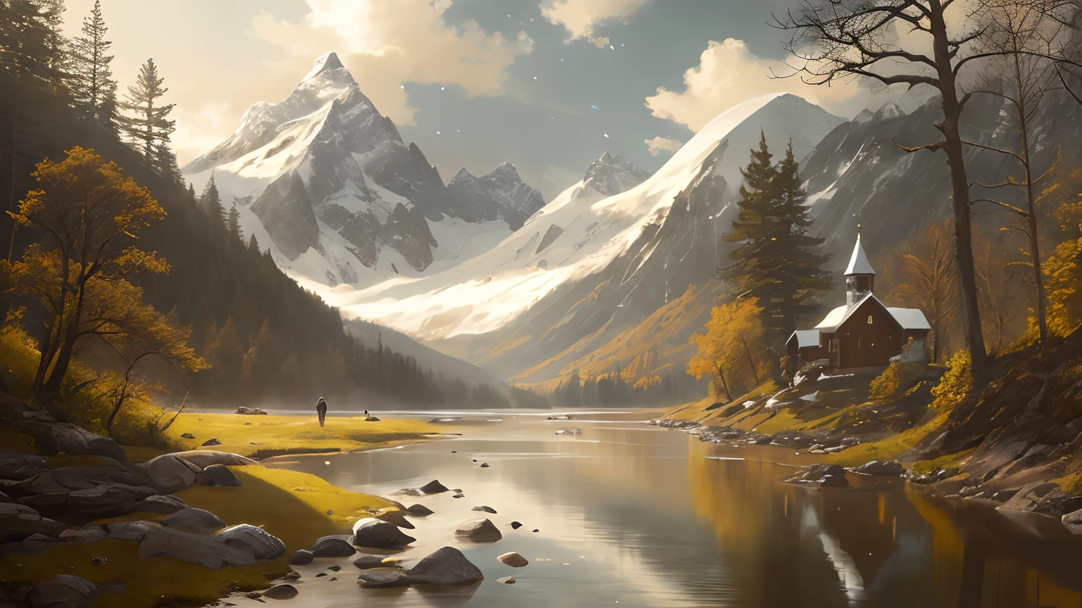 a beautifully designed chapel in the middle of a serene mountain landscape, snowy peaks adorn the quiet forest landscape, professional majestic oil painting by Ed Blinkey, Atey Ghailan, Studio Ghibli, by Jeremy Mann, Greg Manchess, Antonio Moro, trending on ArtStation, trending on CGSociety, Intricate, High Detail, Sharp focus, dramatic, photorealistic painting art by midjourney and greg rutkowski, Style-Glorious, small creek, warm and sunny, light rays, fireflies,  Style-Petal