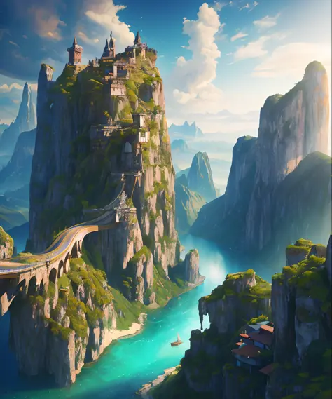 masterpiece, best quality, high quality, extremely detailed CG unity 8k wallpaper, scenery, outdoors, sky, cloud, day, no humans, mountain, landscape, water, tree, blue sky, waterfall, cliff, nature, lake, river, cloudy sky,award winning photography, Bokeh...