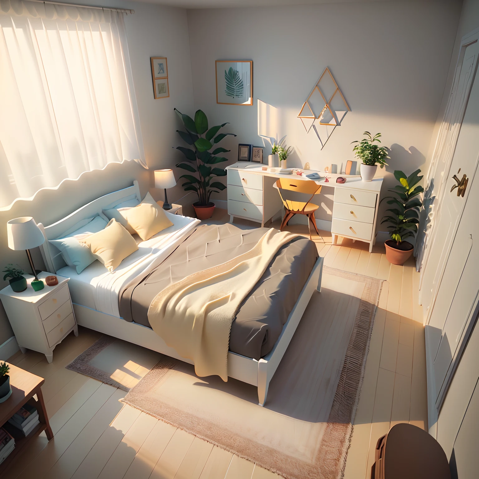 Isometric room,Plain white background, best quality, ((low polygon)),(extremely detailed CG unity 8k wallpaper), (best quality), (best illustration), (best shadow),((Bedroom)), cream style,Pastel tones, light curtains, carpets,wardrobe,cotton and linen sheets, wooden furniture, soft light, plants, paintings, vases,octane render,ray tracing,ultra detailed