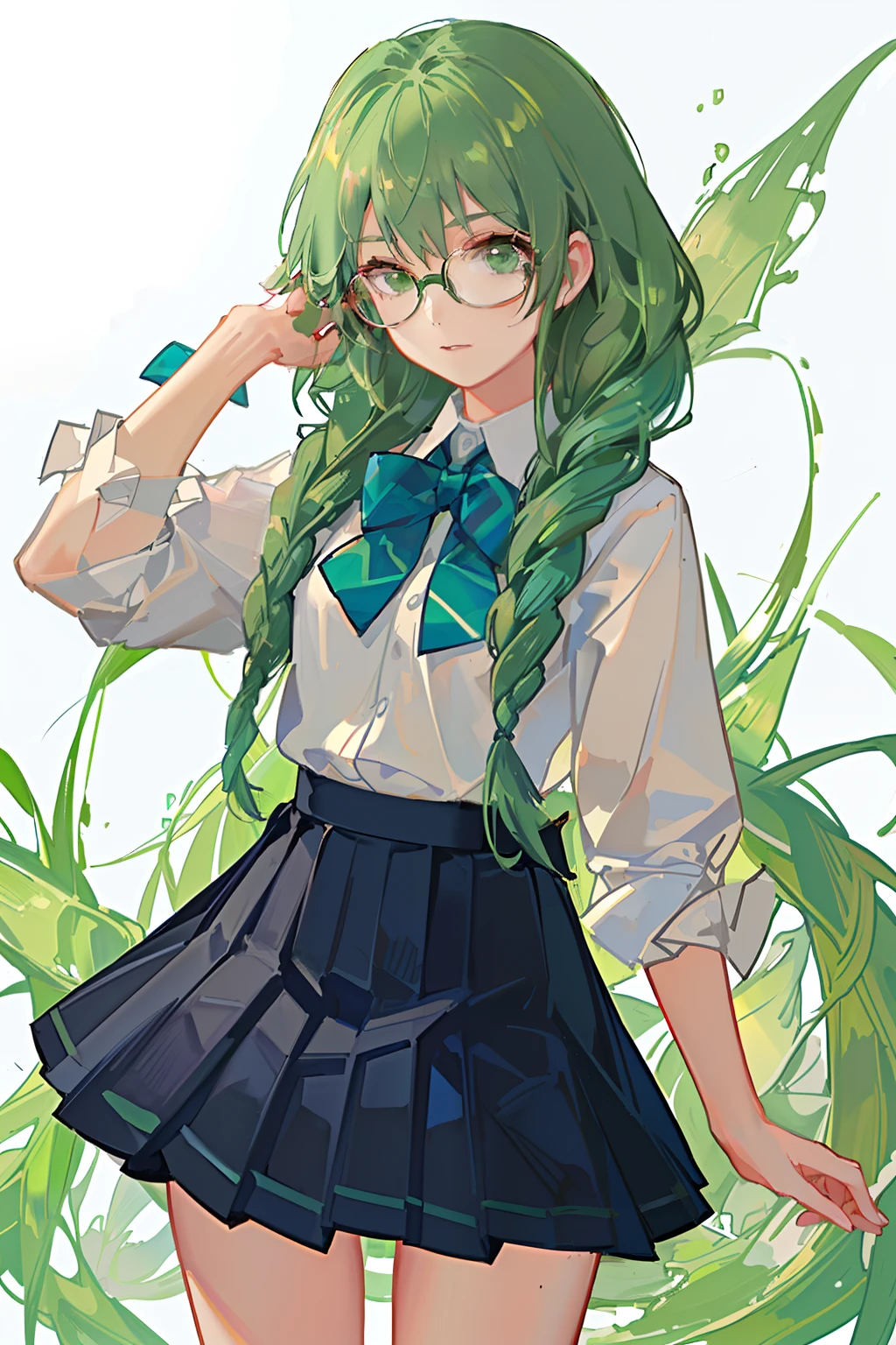 4K, best quality, 1 girl, 18 years old, green long hair, light green hair, double Fried Dough Twists braids, Fried Dough Twists braids tied behind both ears, all hair tied with Fried Dough Twists braids, white uniform, dark blue bow tie. Dark blue pleated skirt, glasses, vitality, vitality, girl, school