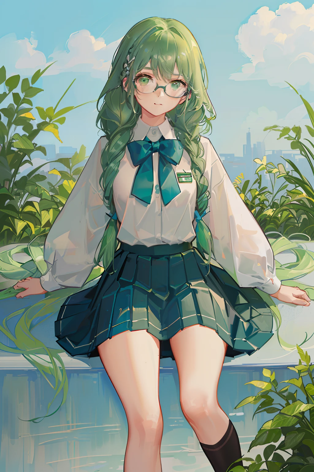 4K, best quality, 1 girl, 18 years old, green long hair, light green hair, double Fried Dough Twists braids, Fried Dough Twists braids tied behind both ears, all hair tied with Fried Dough Twists braids, white uniform, dark blue bow tie. Dark blue pleated skirt, strap on skirt, glasses, vitality, vitality, girl, school