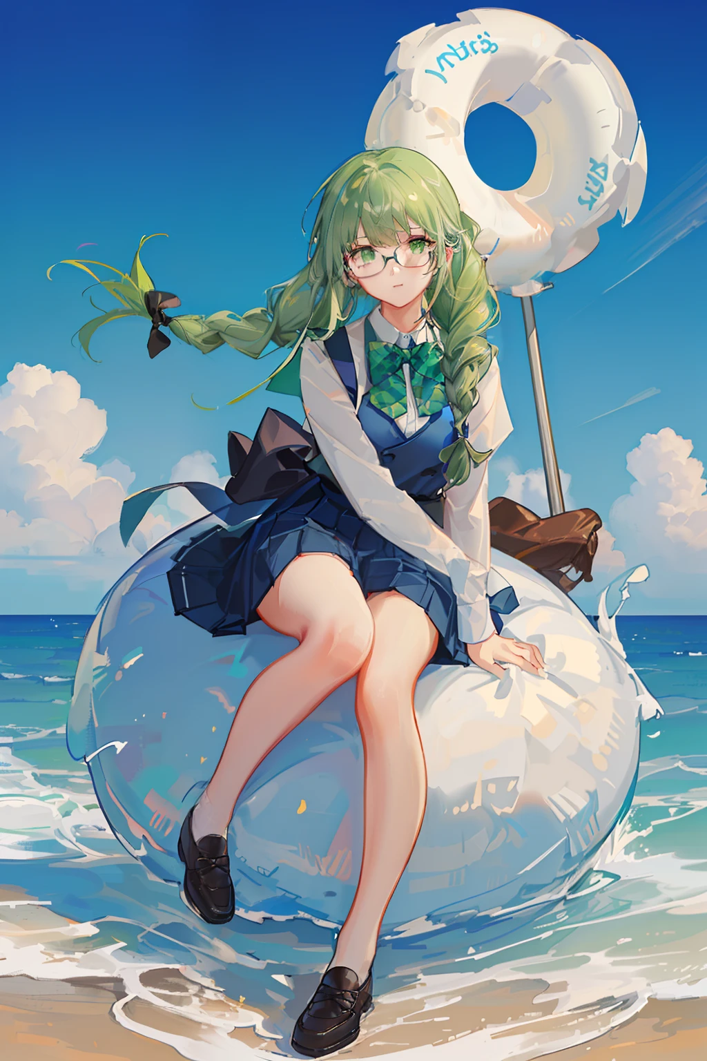 4K, best quality, 1 girl, 18 years old, green long hair, light green hair, double Fried Dough Twists braids, Fried Dough Twists braids tied behind both ears, all hair tied with Fried Dough Twists braids, white uniform, dark blue bow tie. Dark blue pleated skirt, strap on skirt, glasses, vitality, vitality, girl, school