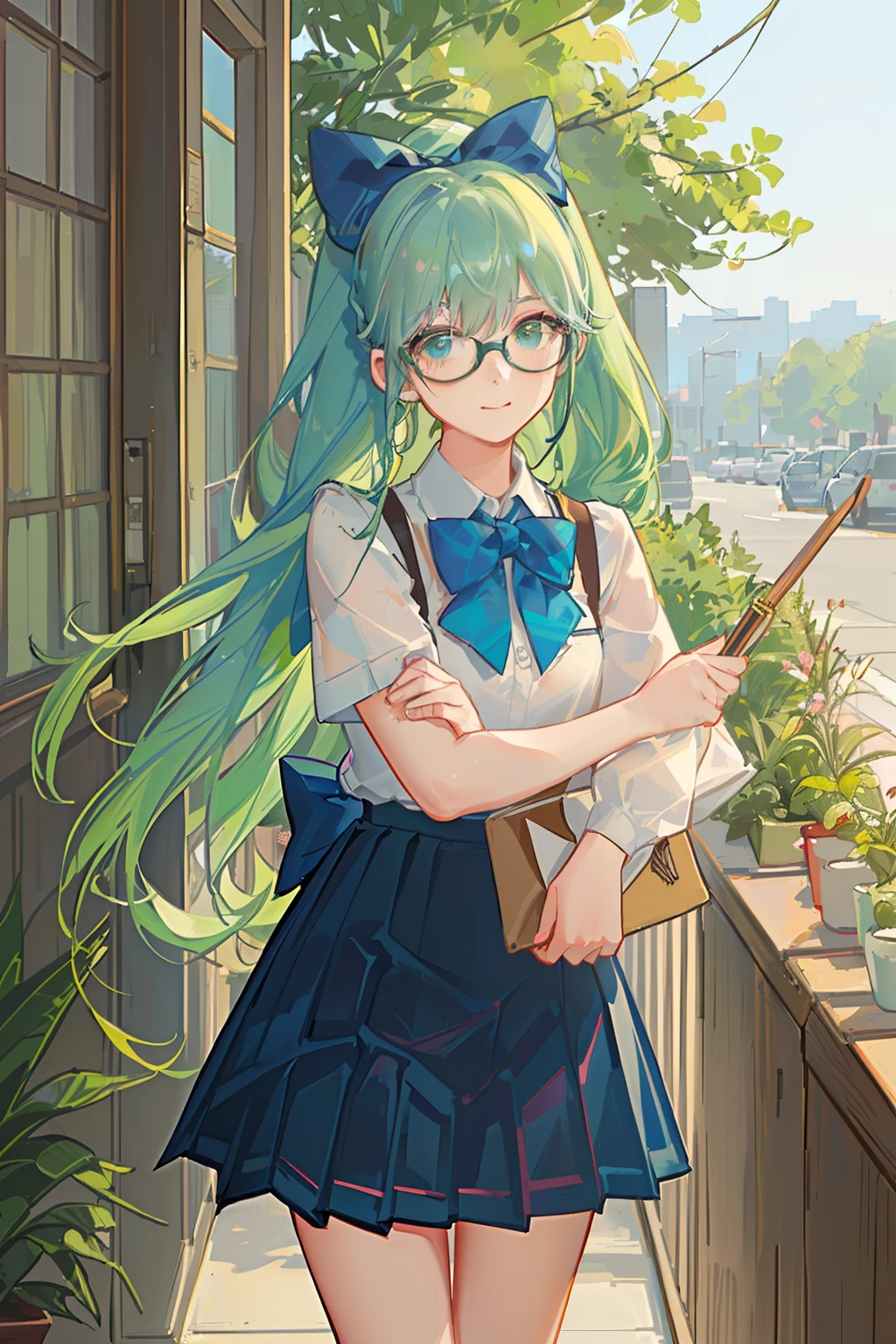 4K, best quality, 1 girl, 18 years old, light green hair, double Fried Dough Twists braids, Fried Dough Twists braids tied behind both ears, dark blue bow tie. Deep blue pleated skirt, strap on skirt, glasses, vitality, vitality, girl, campus, in the campus