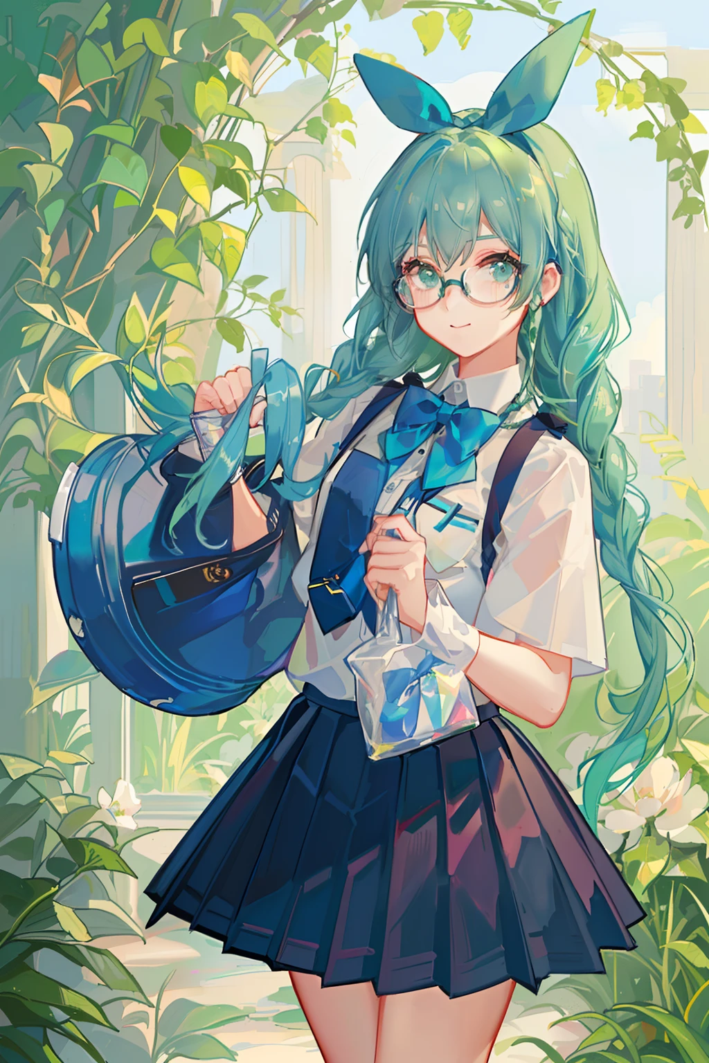 4K, best quality, 1 girl, 18 years old, light green hair, double Fried Dough Twists braids, Fried Dough Twists braids tied behind both ears, dark blue bow tie. Deep blue pleated skirt, strap on skirt, glasses, vitality, vitality, girl, campus, in the campus