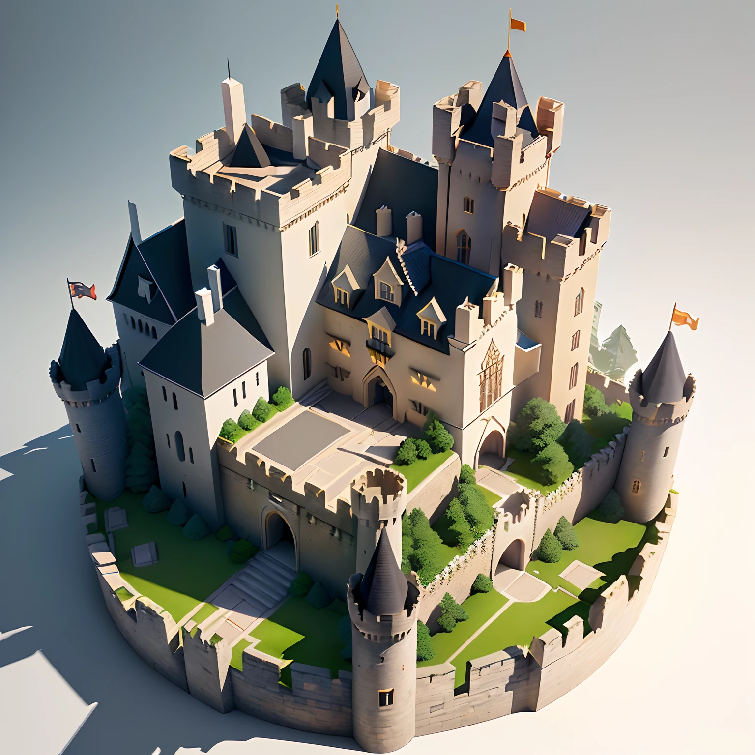 Isometric House,Plain white background, best quality, ((low polygon)),(extremely detailed CG unity 8k wallpaper), (best quality), (best illustration), (best shadow),((Middle Ages castles)),stone walls,watchtowers,decorative arts,frescoes,treasuries,crowns,dragons,octane render,ray tracing,ultra detailed