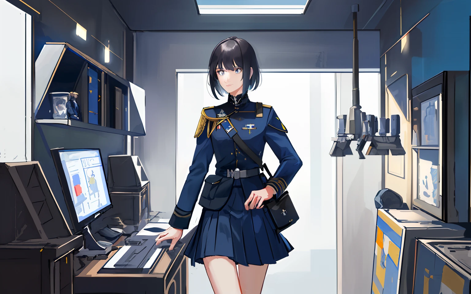 (highest resolution, distinct_image), best quality, masterpiece, highly detailed, semi realistic, a woman with black shoulder length hair, black pupils, mature, mature woman, imperial sister, sexy, short hair, triple bangs, light blue uniform, light blue uniform jacket, soldier, light blue pleated skirt, military uniform, fighter front, future, science fiction, universe