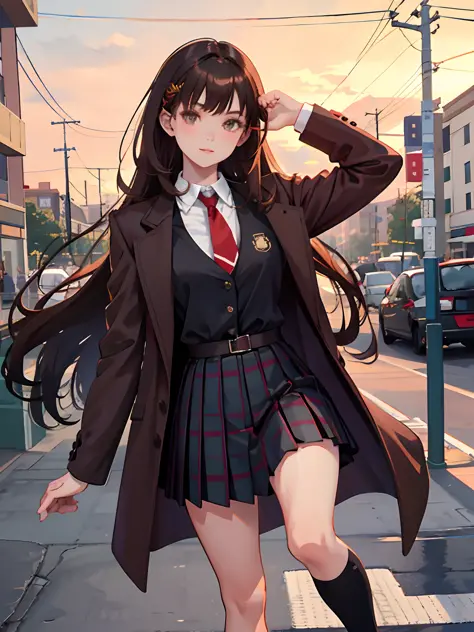 4K, best quality, 1 girl, 18 years old, brown hair, waist length hair, 3/4 bangs, red tie, brown coat, liver checkered pleated s...