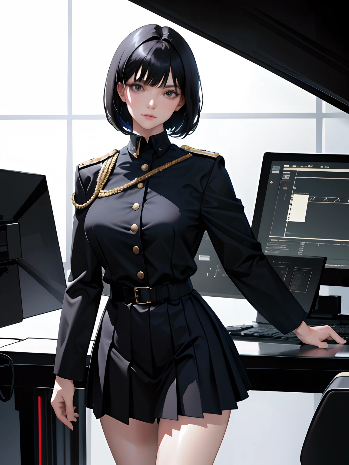 (highest resolution, distinct_image), best quality, masterpiece, highly detailed, semi realistic, a woman with short black hair, mature woman, triple bangs, black uniform, black pleated skirt, military uniform, spaceship space, control room, commander