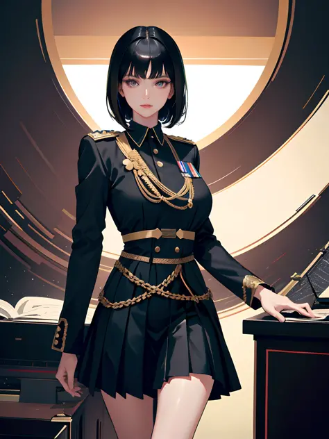 (highest resolution, distinct_image), best quality, masterpiece, highly detailed, semi realistic, a woman with short black hair, mature woman, triple bangs, black uniform, black pleated skirt, military uniform, medals, magnificent military uniform, beautiful woman, spaceship space, control room, commander
