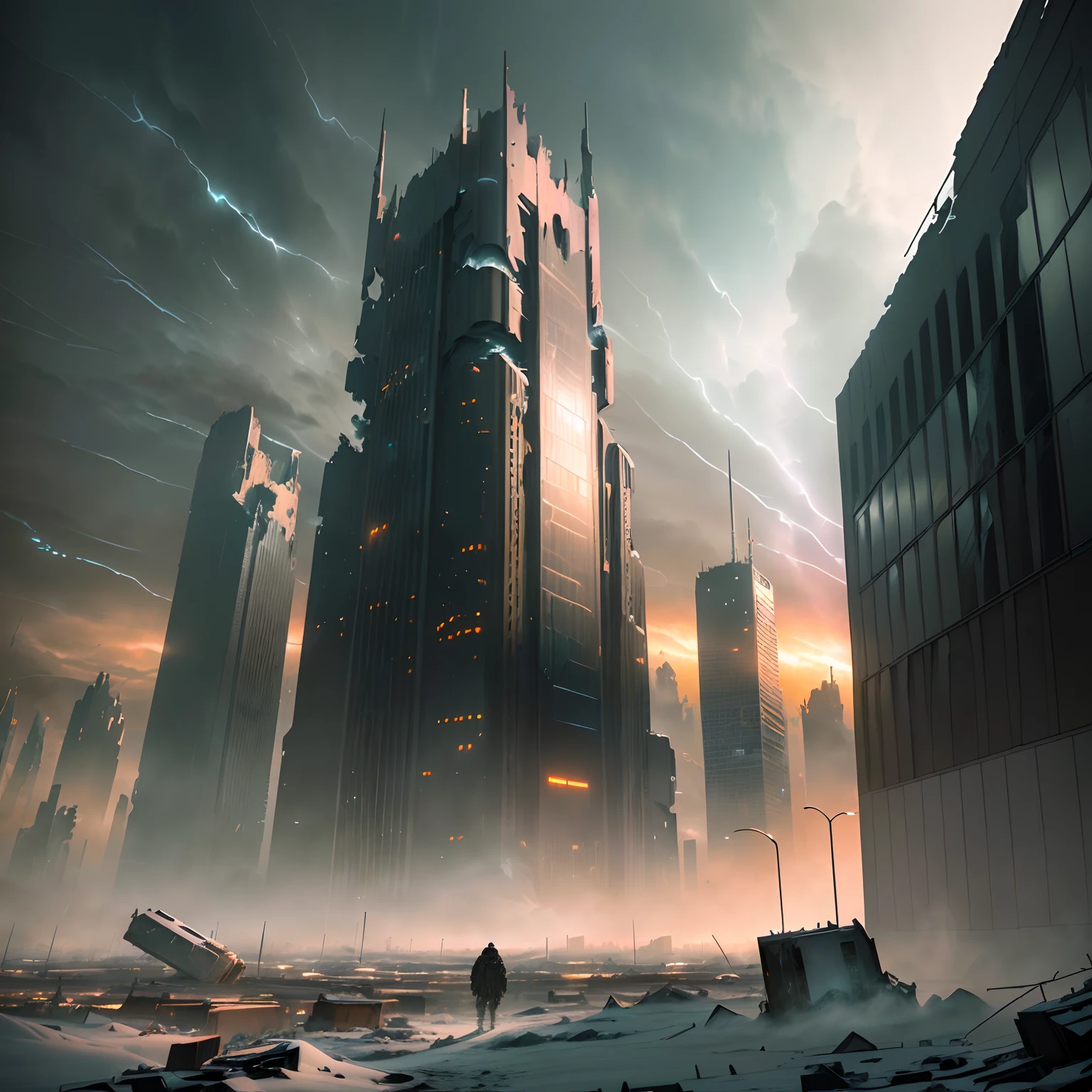 end of the world, epic realistic, (hdr:1.4), (muted colors:1.4), apocalypse, freezing, abandoned, neutral colors, night, screen space refractions, (intricate details), (intricate details, hyperdetailed:1.2), artstation, cinematic shot, vignette, complex background, buildings, snowy 