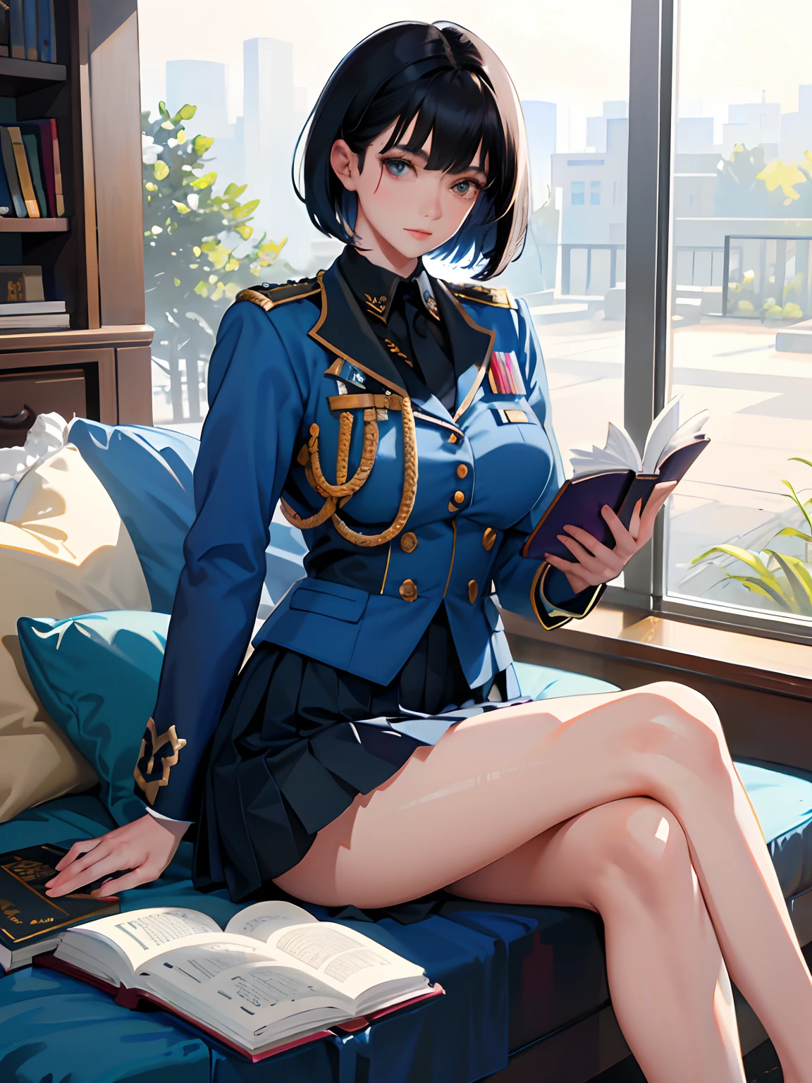 (highest resolution, distinct_image), best quality, masterpiece, highly detailed, semi realistic, a woman with short black hair, mature woman, triple bangs, blue uniform, blue pleated skirt, military uniform, military academy, studying, holding a book