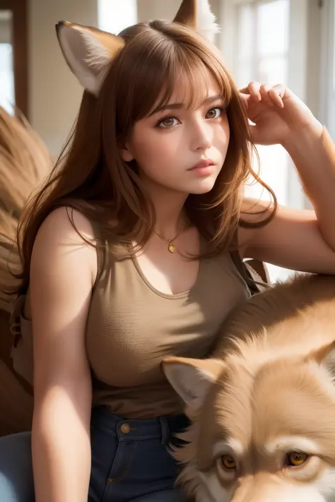 best quality, masterpiece,  (realistic:1.2), 1 girl, brown hair, gold eye,Front, detailed face, beautiful eyes,wolf eye,(wolf ear),tank top,jeans,with huge wolf