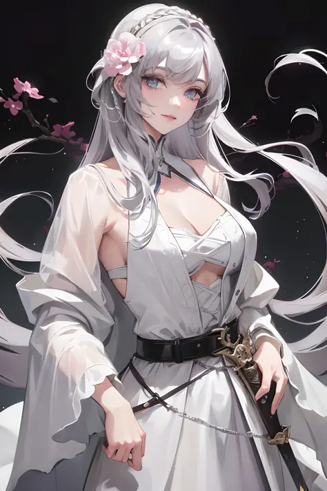 Masterpiece, Best Quality, Night, Full Moon, 1 Girl, Mature Woman, Sister, Royal Sister, Confident Smile, Silver White Long Haired Woman, Light Pink Lips, Calm, Intellectual, Three Belts, Gray Pupils, Assassin, Short Knife, Flower