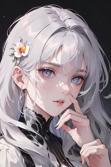 Masterpiece, Best Quality, Night, Full Moon, 1 Girl, Mature Woman, Sister, Royal Sister, Cold Expression, Face expressionless, Silver White Long Haired Woman, Light Pink Lips, Calm, Intellectual, Three Bands, Gray Pupils, Assassin, Short Knife, Flower, Han...