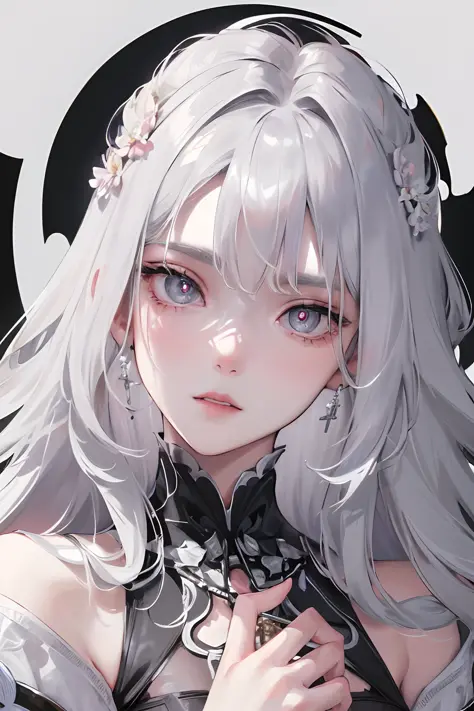 Masterpiece, Best Quality, Night, Full Moon, 1 Girl, Mature Female, Sister, Royal Sister, Cold Expression, Face expressionless, Silver White Long Haired Female, Light Pink Lips, Calm, Intellectual, Three Bands, Gray Pupils, Assassin, Short Knife, Flower Ba...