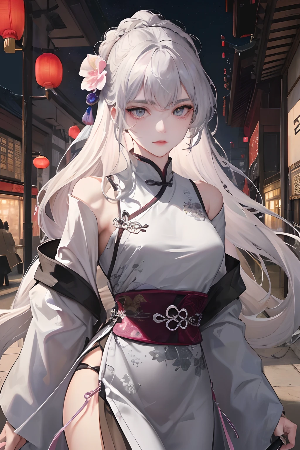 Masterpiece, Best Quality, Night, Full Moon, 1 Girl, Mature Woman, Chinese Style, Ancient China, Sister, Royal Sister, Cold expression, Face expressionless, Silver white long haired woman, Light pink lips, Calm, Intellectual, Three bands, Gray pupils, Assassin, Short knife, Flower ball background, Walking in the street scenery, Facial details