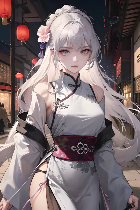 Masterpiece, Best Quality, Night, Full Moon, 1 Girl, Mature Woman, Chinese Style, Ancient China, Sister, Royal Sister, Cold expression, Face expressionless, Silver white long haired woman, Light pink lips, Calm, Intellectual, Three bands, Gray pupils, Assa...