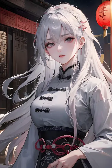 Masterpiece, Best Quality, Night, Full Moon, 1 Girl, Mature Woman, Chinese Style, Ancient China, Sister, Royal Sister, Cold Expression, Face expressionless, Silver White Long Haired Woman, Light Pink Lips, Calm, Intellectual, Three Belts, Gray Eyes, Assass...